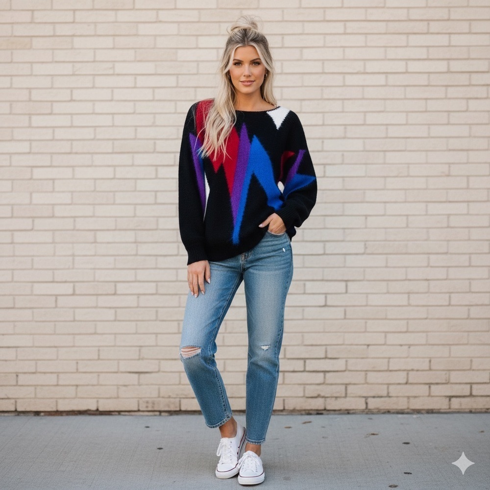 Vintage 80s New Wave Abstract Art Geometric Angora Rabbit Hair Multicolor Knit